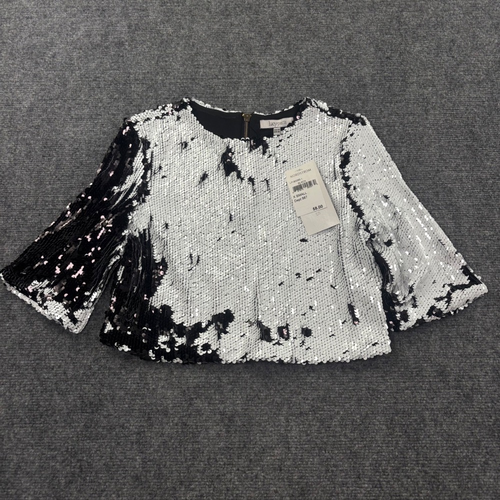 Lucy Paris Sequin Crop Top XS Black White Two Tone Shimmer Bell Sleeve NWT Women